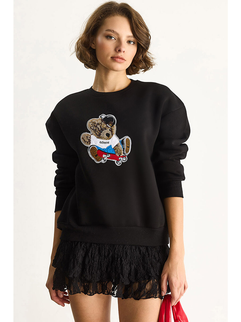 Siyah Kadın Teddy Nakış İşlemeli Bisiklet Yaka Salaş Sweatshirt