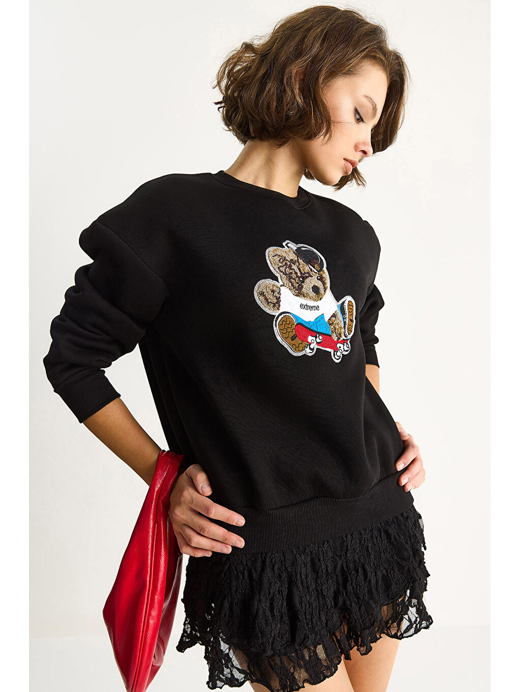 Siyah Kadın Teddy Nakış İşlemeli Bisiklet Yaka Salaş Sweatshirt-2