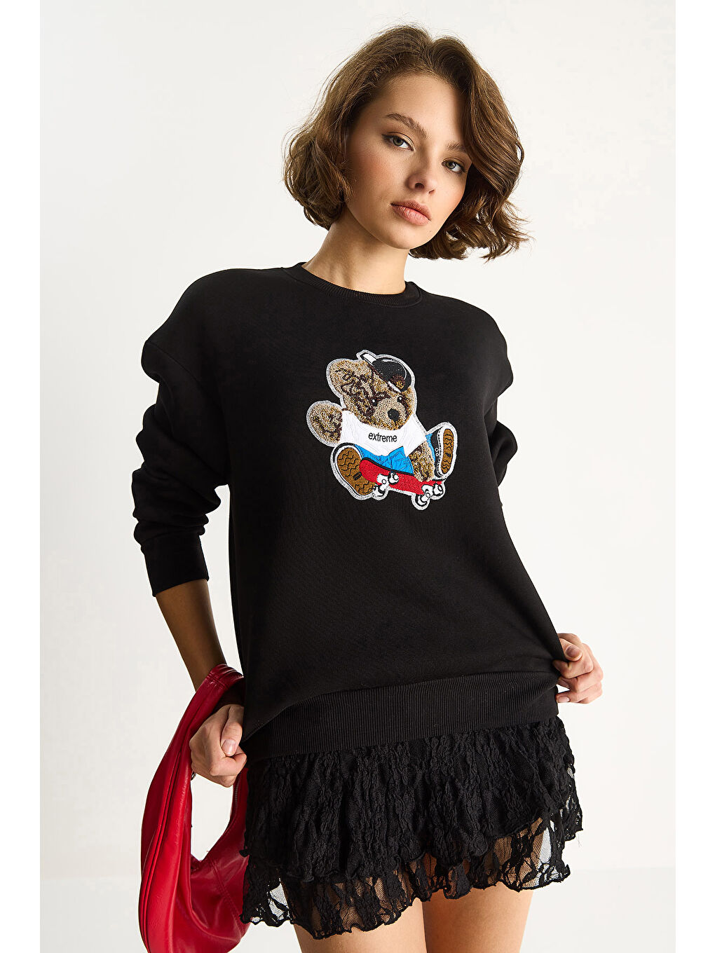 Siyah Kadın Teddy Nakış İşlemeli Bisiklet Yaka Salaş Sweatshirt-3