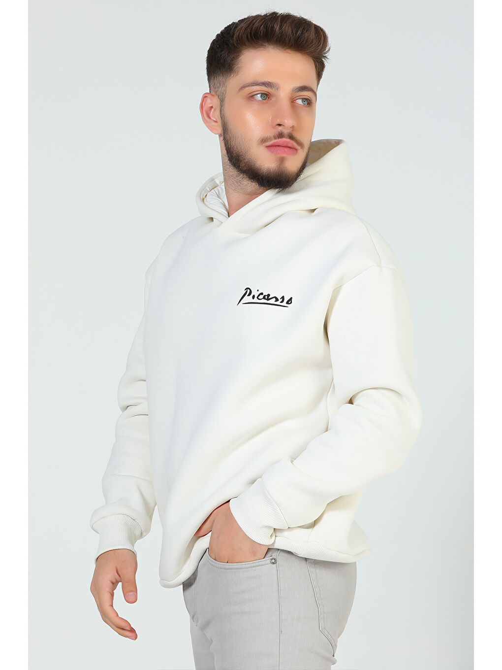 Mishar İtalia Ekru Erkek Kapüşonlu Baskılı Üç İplik Şardonlu Sweatshirt