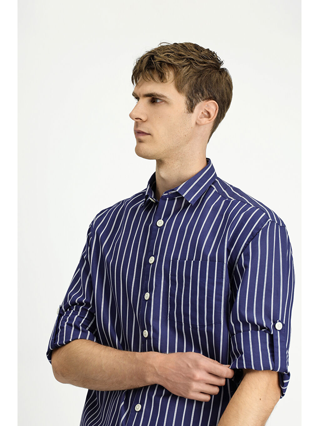 Lacivert Uzun Kol Oversize Ekstra Pamuklu Çizgili Gömlek-2