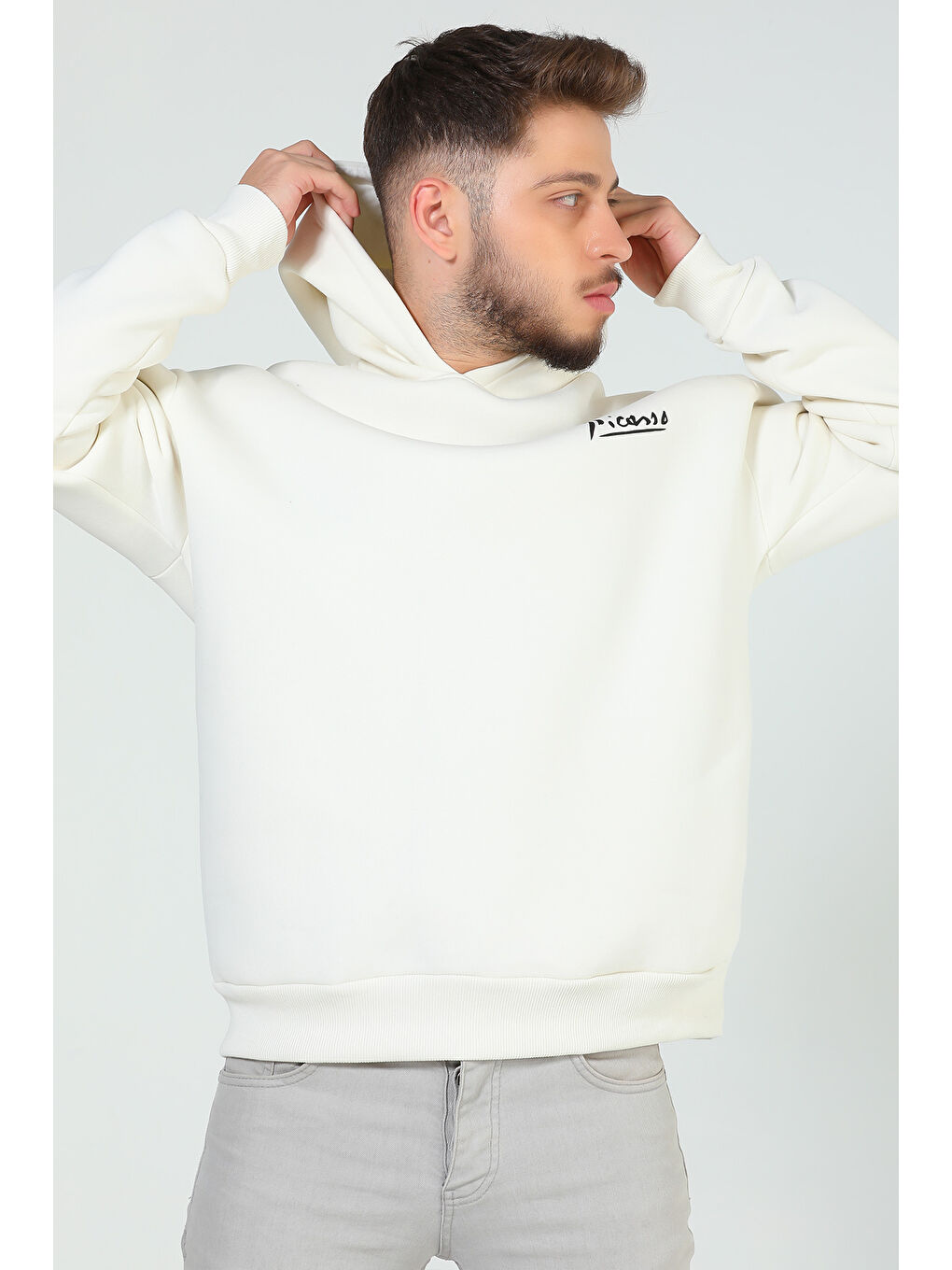 Mishar İtalia Ekru Erkek Kapüşonlu Baskılı Üç İplik Şardonlu Sweatshirt - 4