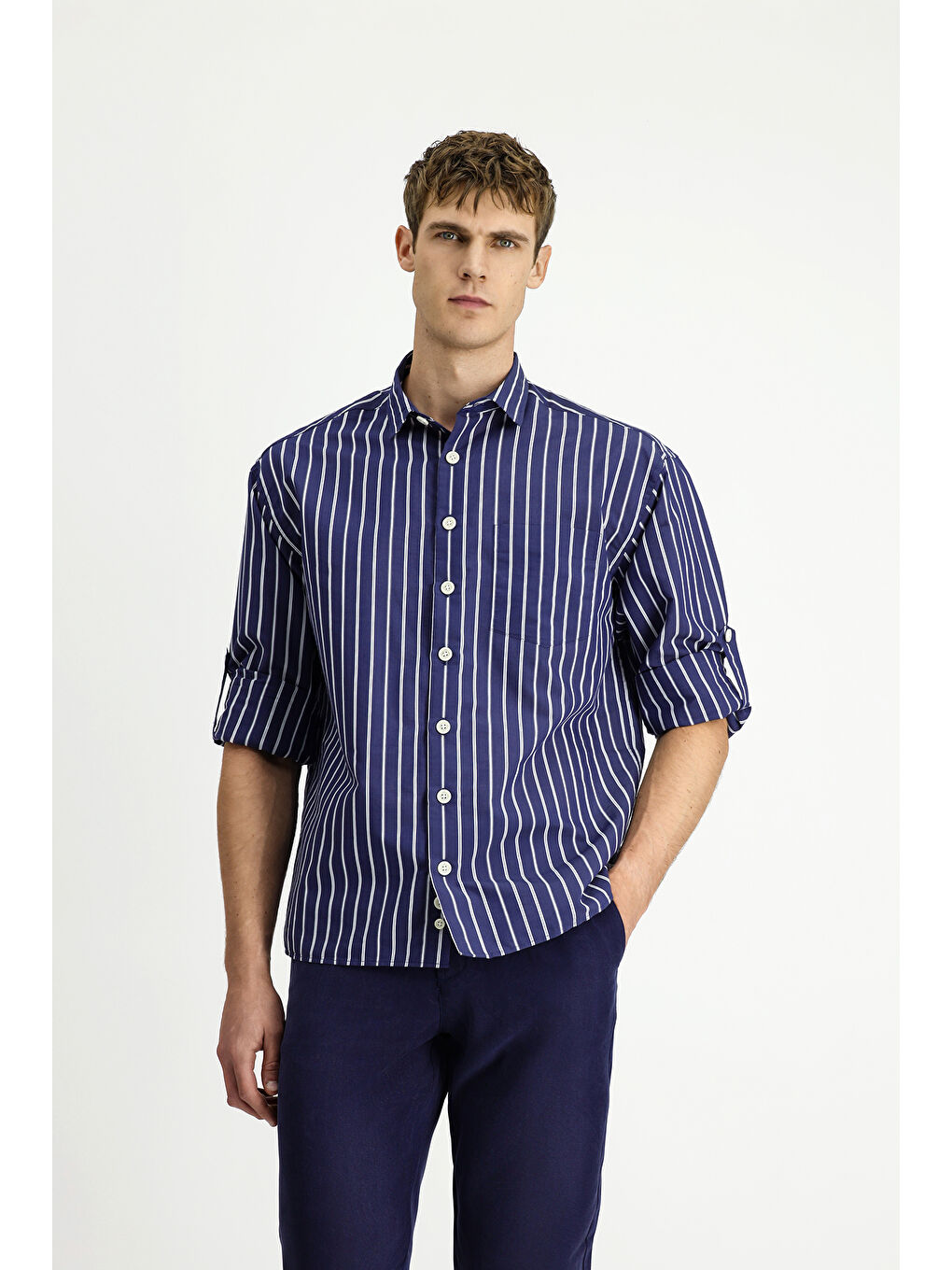 Lacivert Uzun Kol Oversize Ekstra Pamuklu Çizgili Gömlek-3