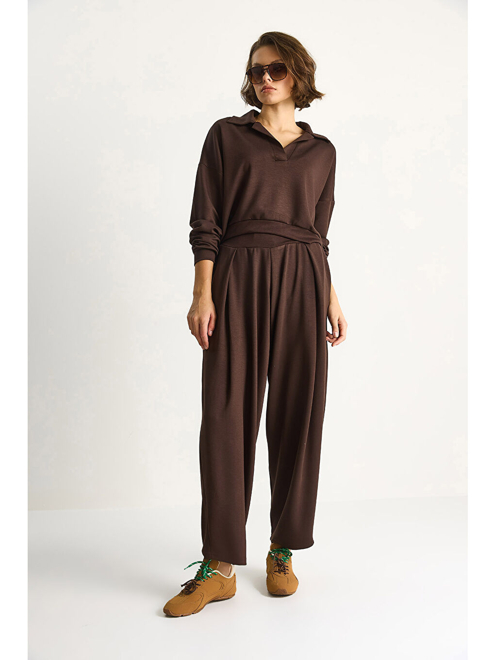 Kahverengi Kadın Yumuşuk Dokulu Polo Yaka Kısa Sweat Şalvar Viskon Dalgıç Takım-1