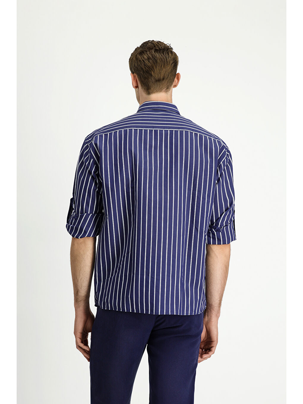 Lacivert Uzun Kol Oversize Ekstra Pamuklu Çizgili Gömlek-4