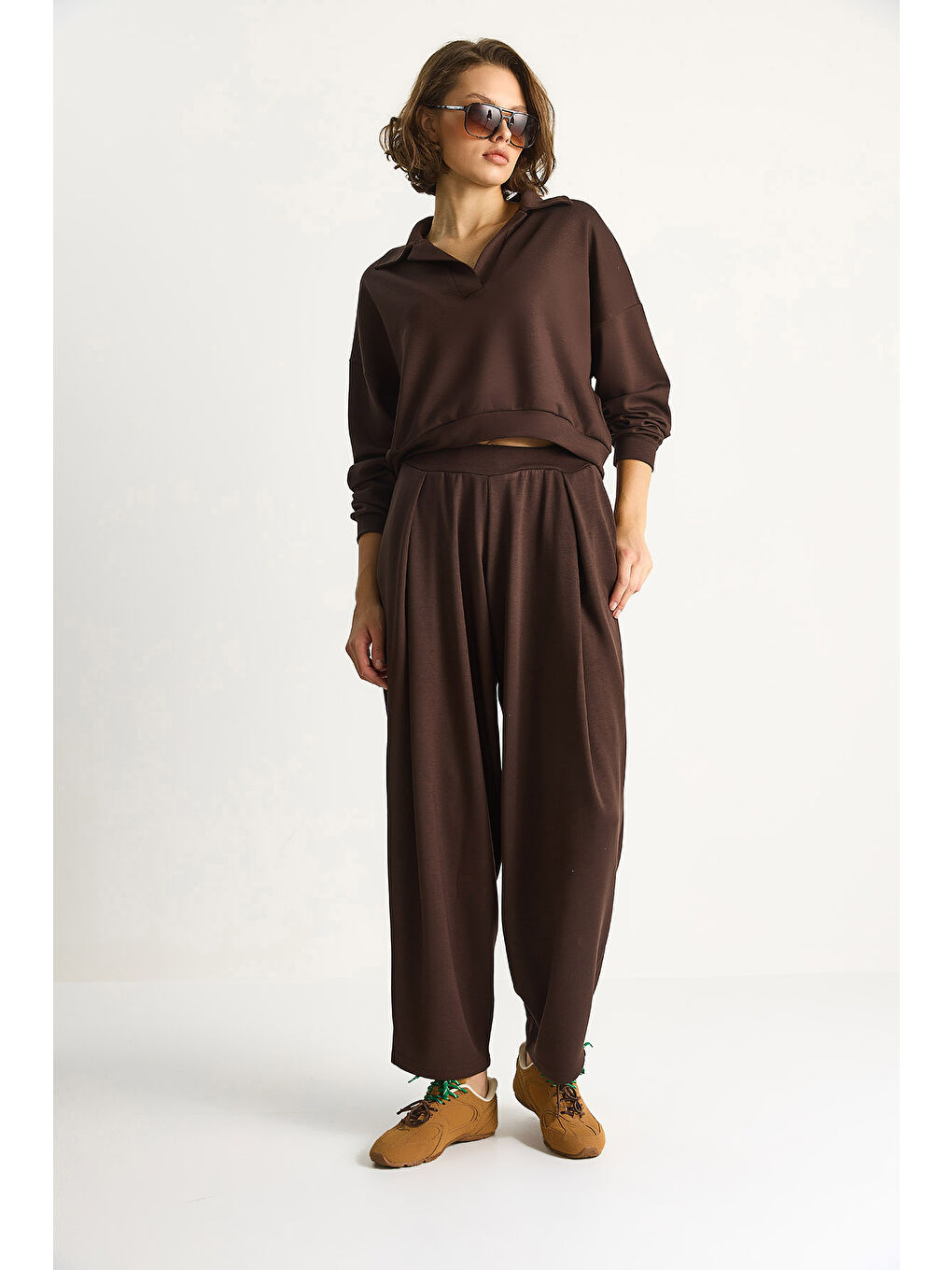 Kahverengi Kadın Yumuşuk Dokulu Polo Yaka Kısa Sweat Şalvar Viskon Dalgıç Takım-2