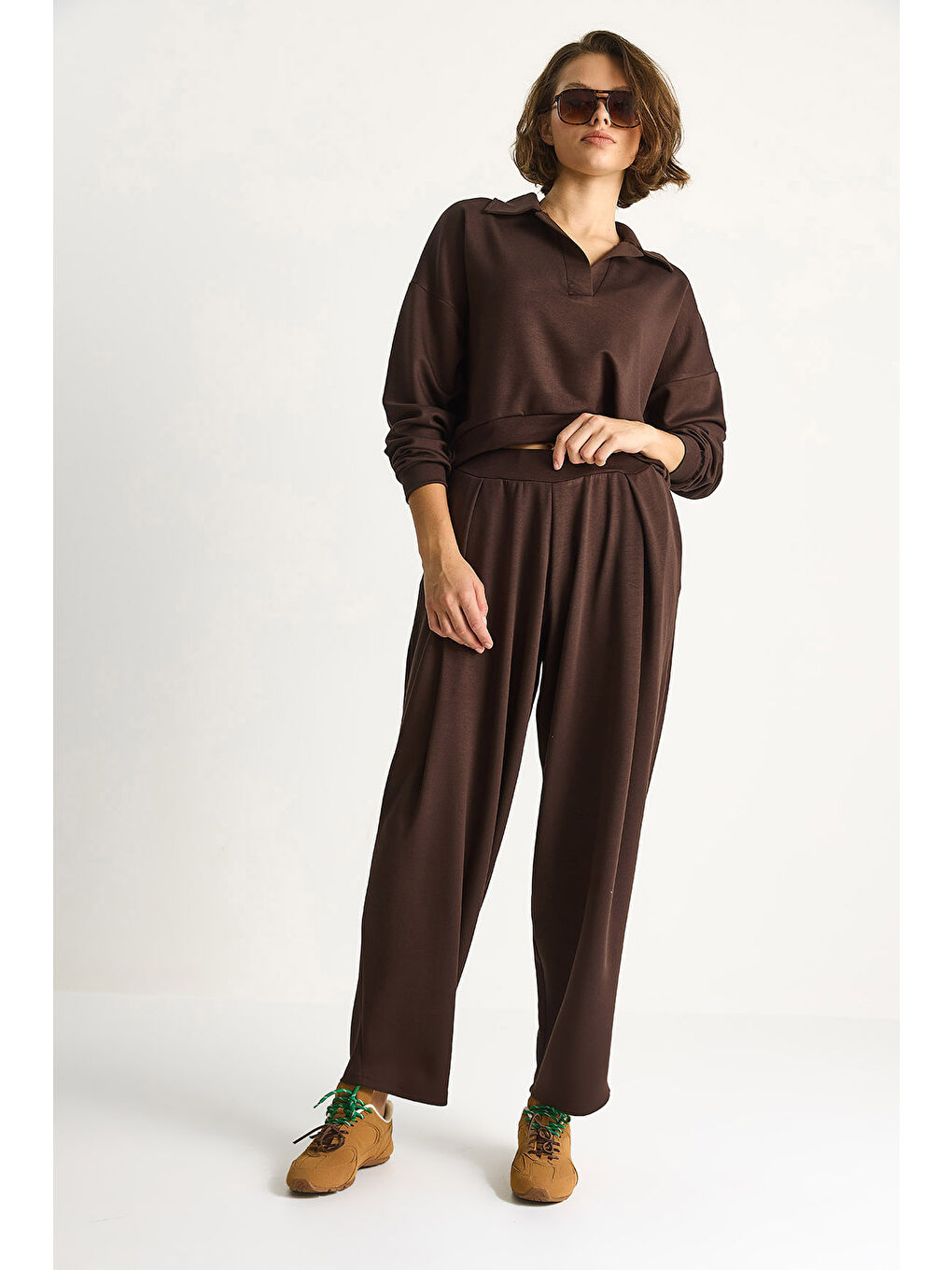 Kahverengi Kadın Yumuşuk Dokulu Polo Yaka Kısa Sweat Şalvar Viskon Dalgıç Takım-4