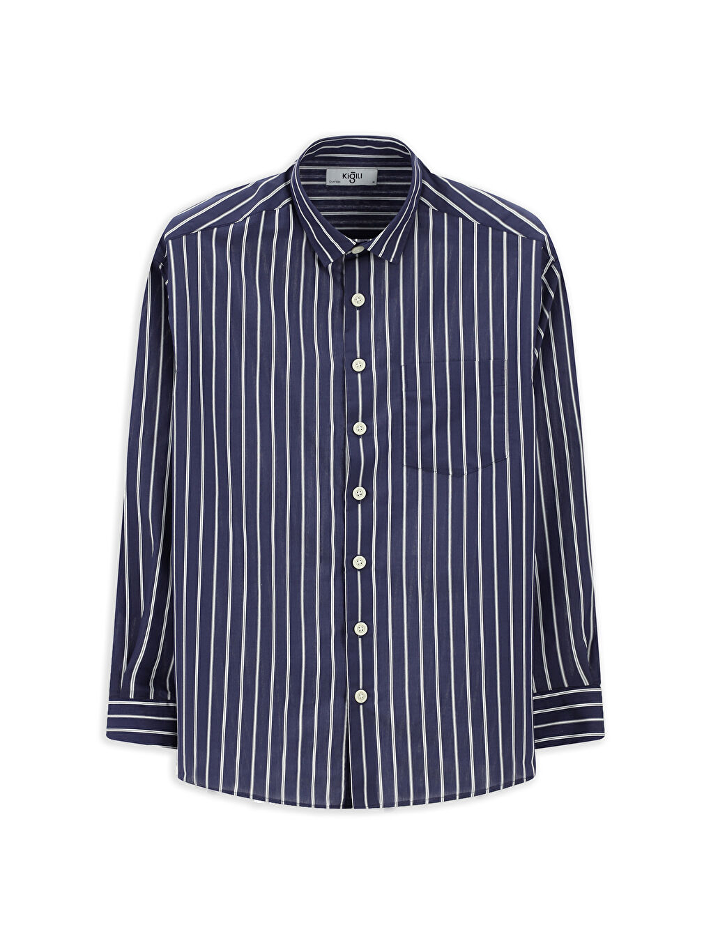 Lacivert Uzun Kol Oversize Ekstra Pamuklu Çizgili Gömlek-6