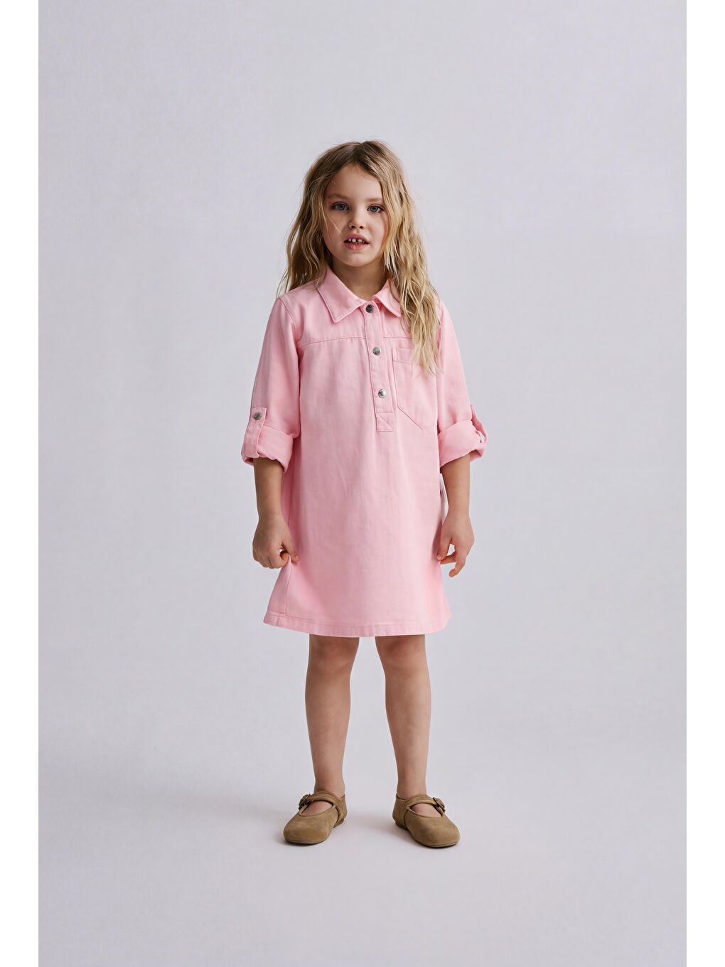 Kız Çocuk Pamuklu Pembe Gömlek Yaka Elbise
