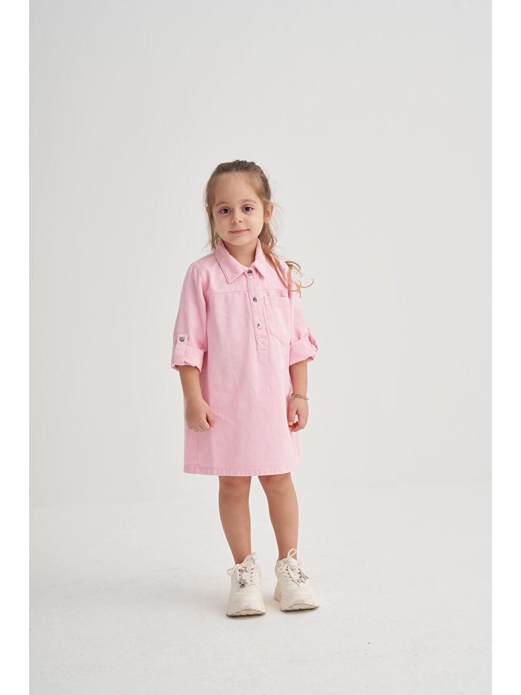 Kız Çocuk Pamuklu Pembe Gömlek Yaka Elbise-2