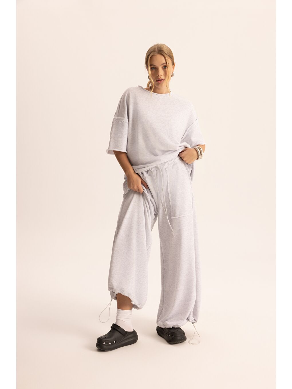 Beyaz Flex Karmelanj Oversize T-Shirt Eşofman Takım