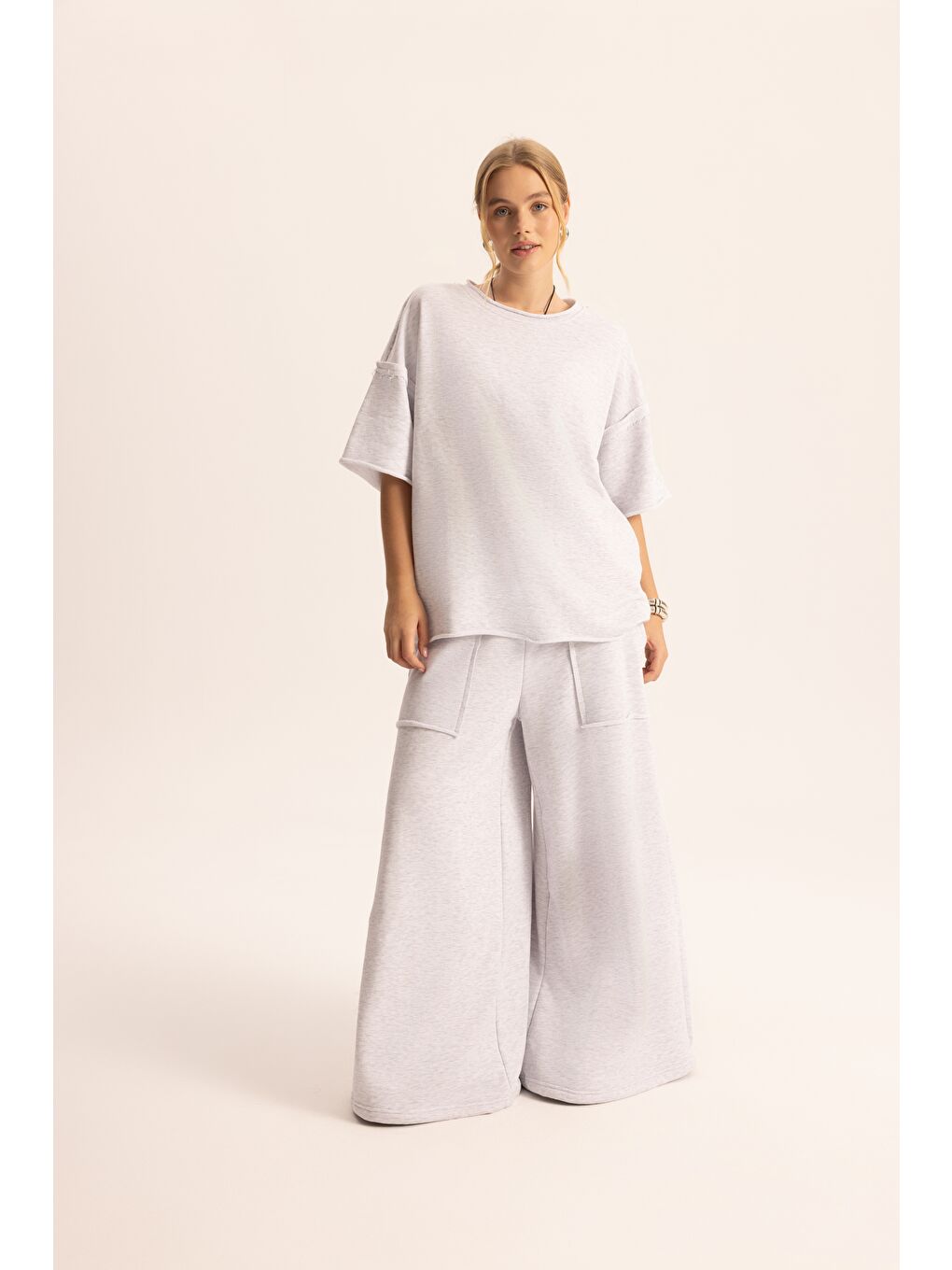 Beyaz Flex Karmelanj Oversize T-Shirt Eşofman Takım-1