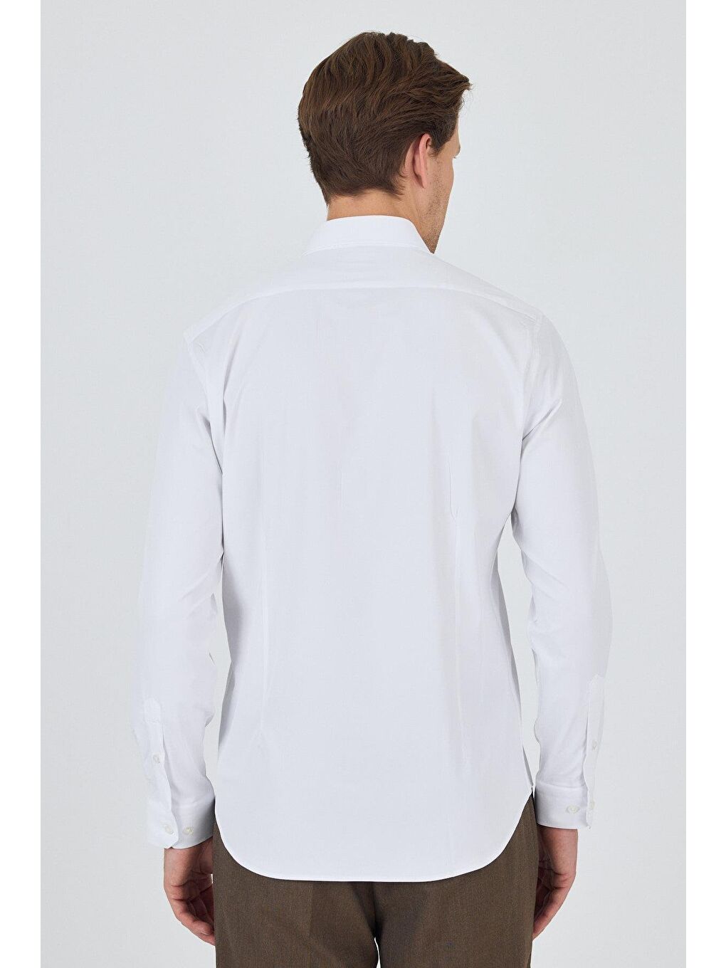 Beyaz Uzun Kol Düz Bez Ayağı Sert Yaka Cepsiz Pamuklu Classic Slim Fit Gömlek 1004250160-3