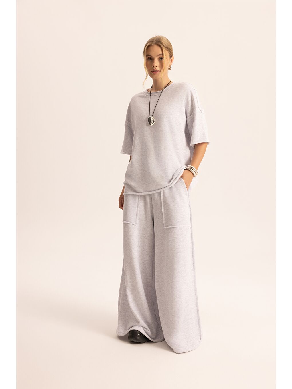 Beyaz Flex Karmelanj Oversize T-Shirt Eşofman Takım-3