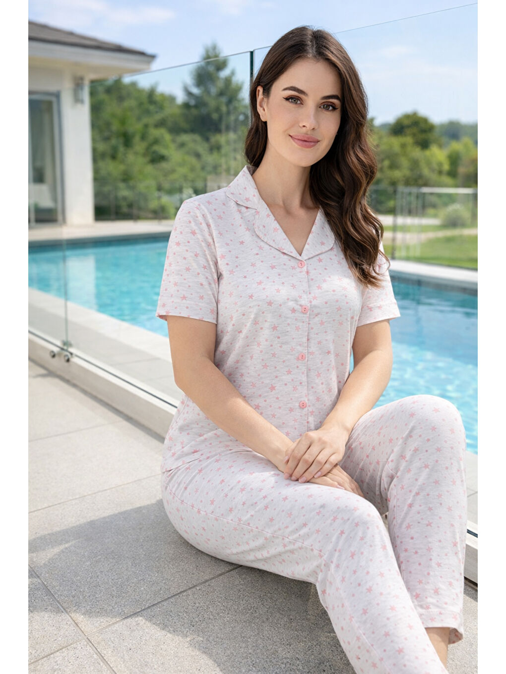 Kadın Desenli Kısa Kol Suprem Pijama Takımı 0249 Bej-2