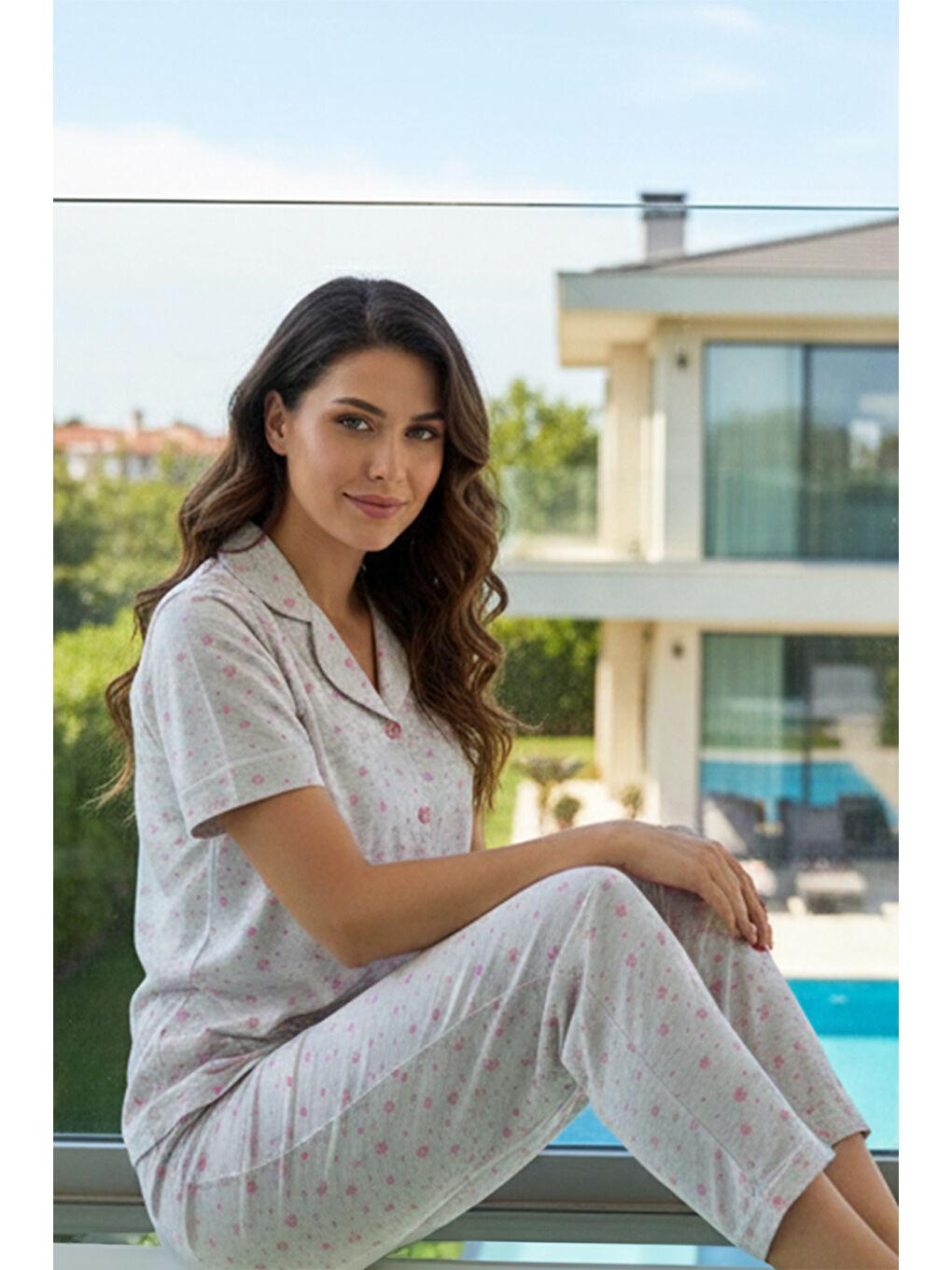 Kadın Desenli Kısa Kol Suprem Pijama Takımı 0249 Bej-3