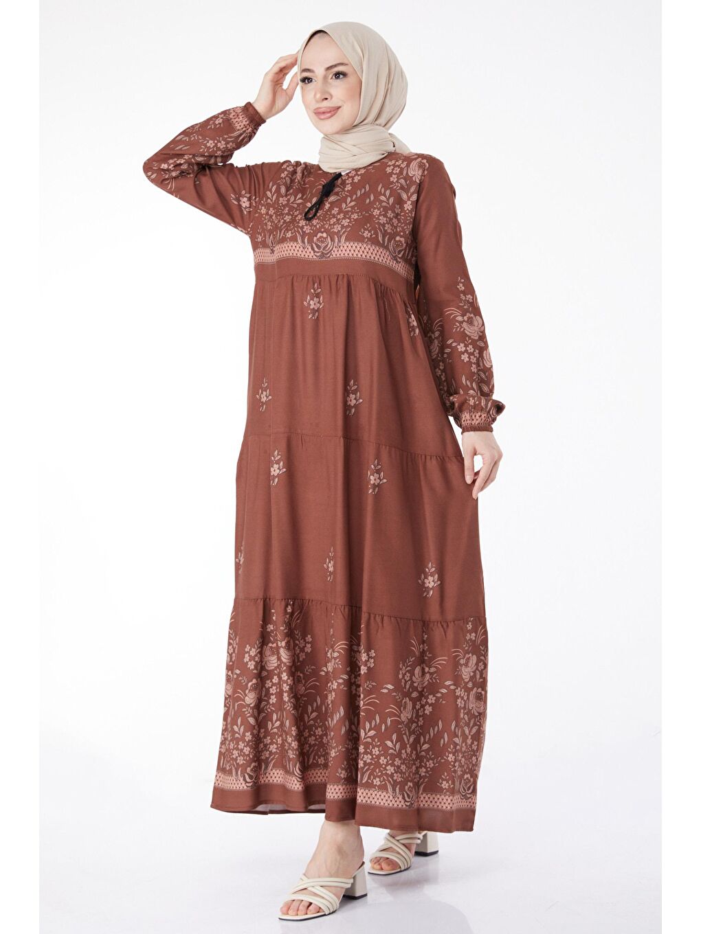 Kahverengi Bisiklet Yaka Kadın Taba Desenli Elbise - 25100