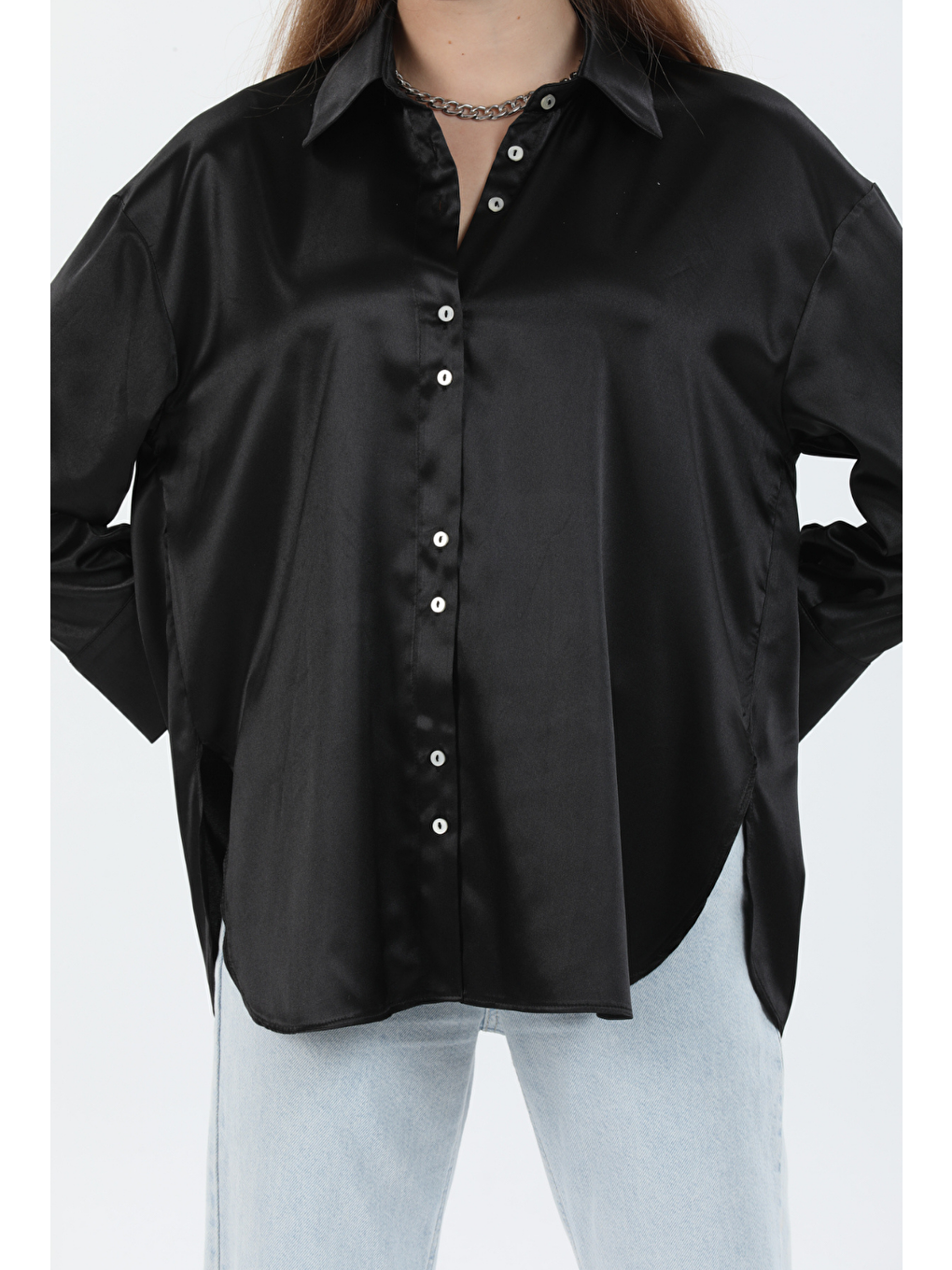 Pera Moda Siyah Kadın Salaş Oversize Kesim İpek Saten Gömlek