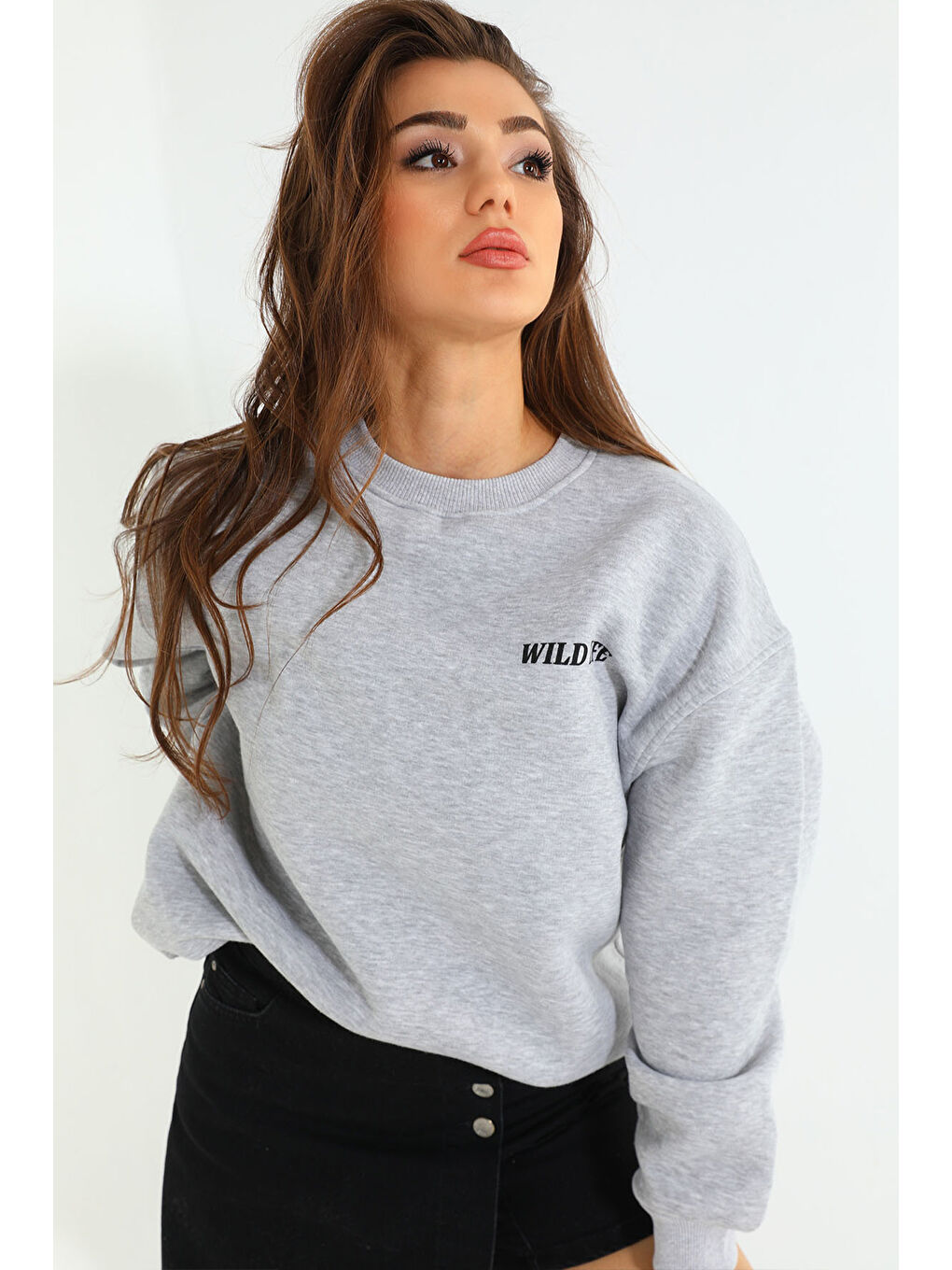 GÜLSELİ Gri Kadın Nakışlı Şardonlu Üç İplik Sweatshirt - 1