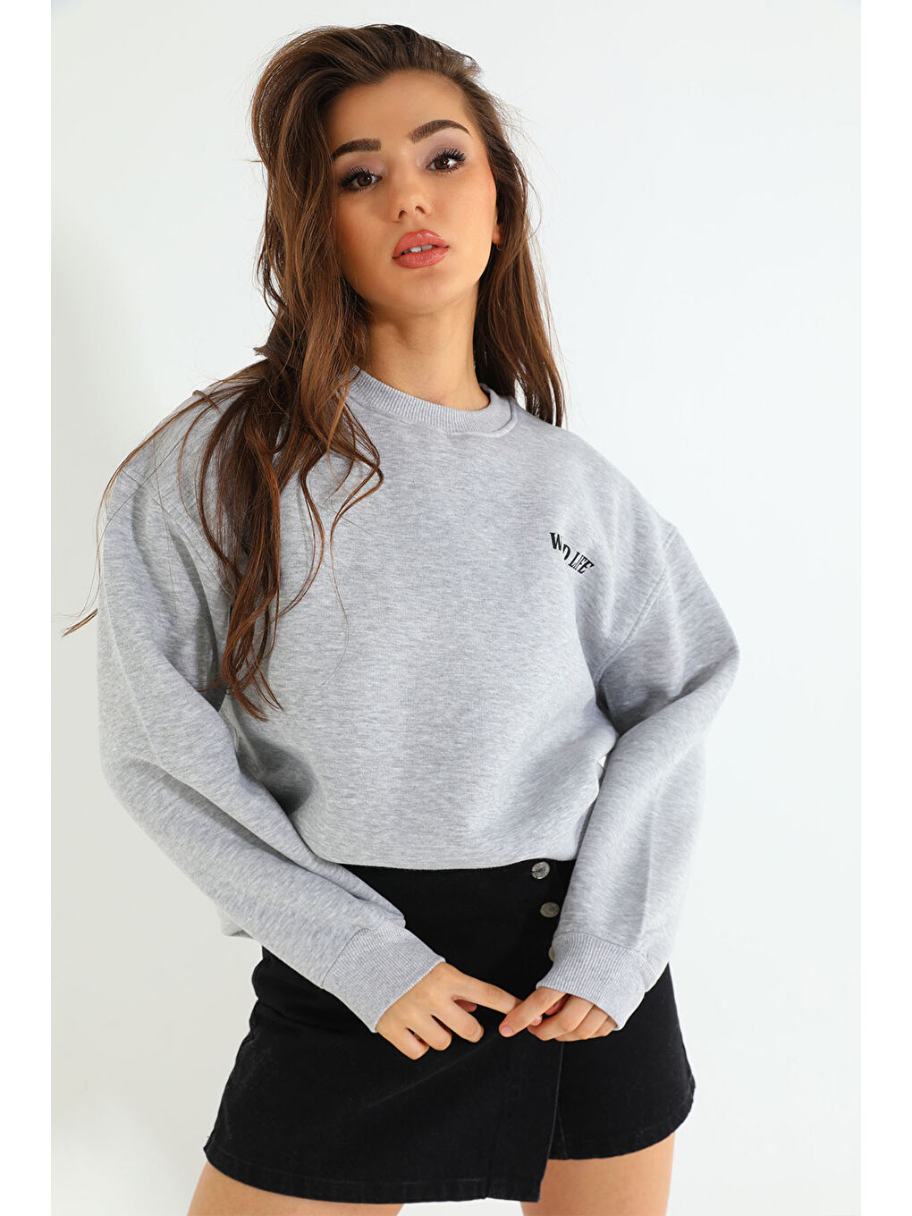 GÜLSELİ Gri Kadın Nakışlı Şardonlu Üç İplik Sweatshirt - 3