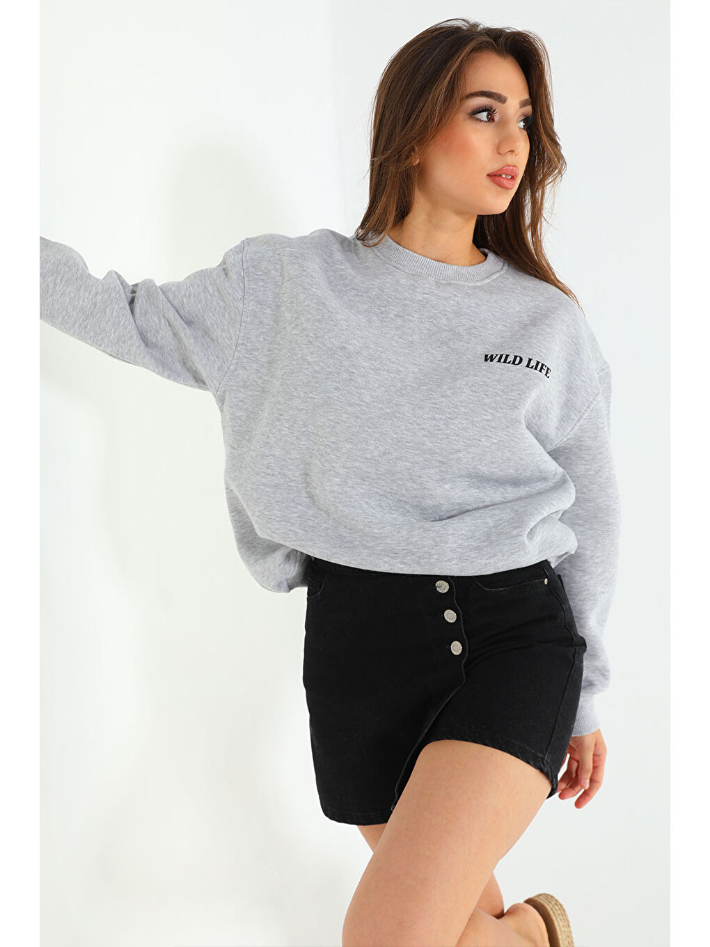 GÜLSELİ Gri Kadın Nakışlı Şardonlu Üç İplik Sweatshirt - 4