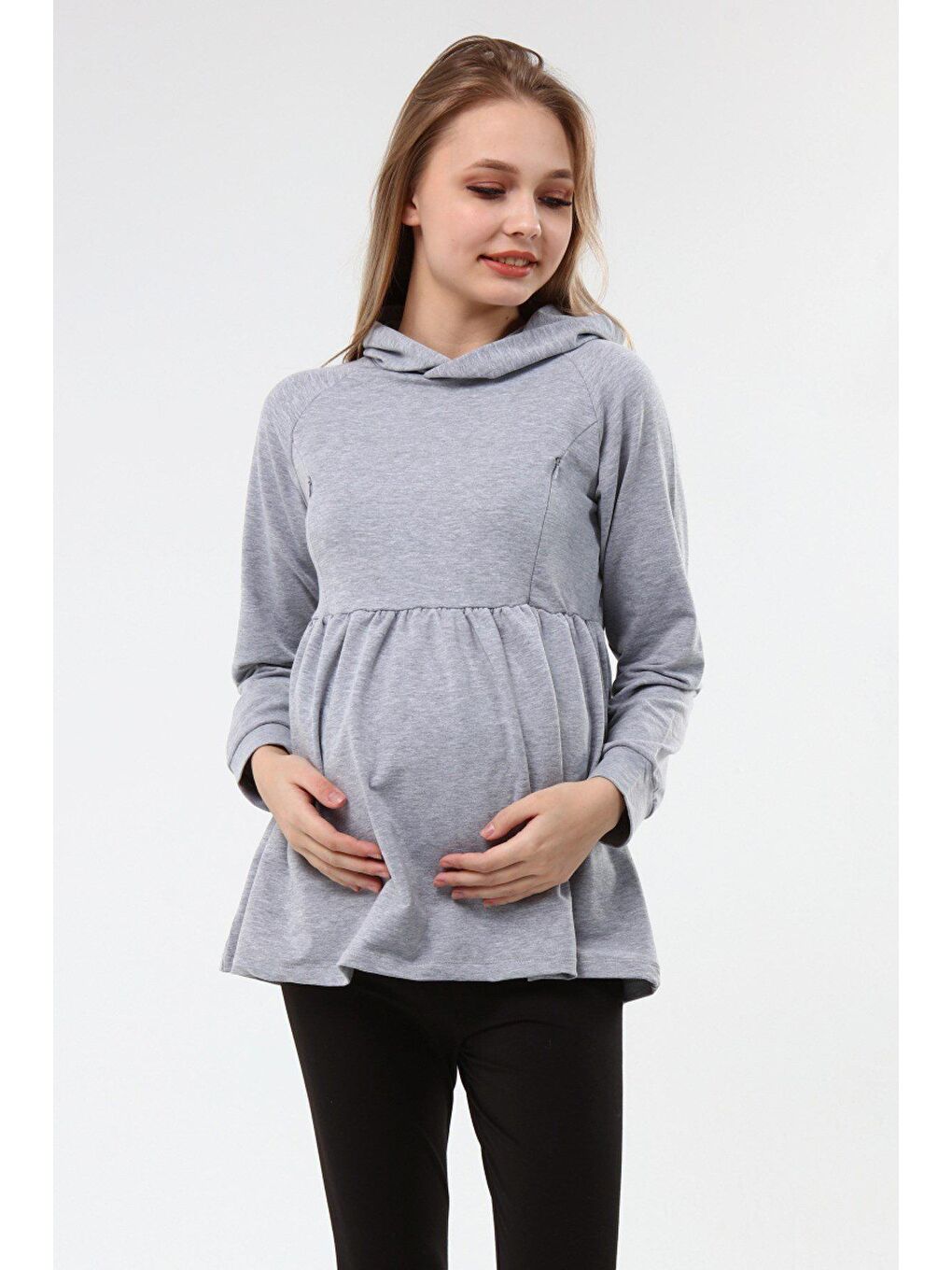 Luvmabelly Gri Kapu¨şonlu Kadın Emzirme Sweatshirt