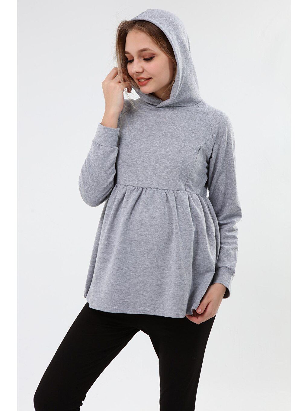 Luvmabelly Gri Kapu¨şonlu Kadın Emzirme Sweatshirt - 1