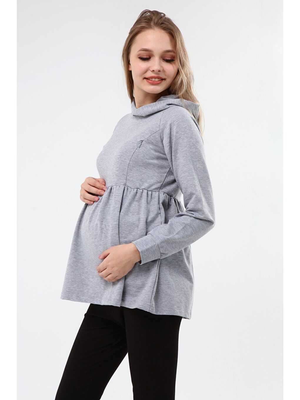 Luvmabelly Gri Kapu¨şonlu Kadın Emzirme Sweatshirt - 2