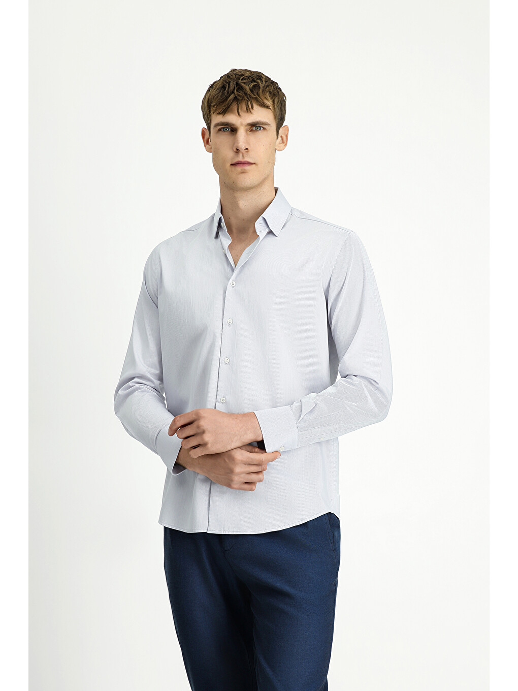 Gri Uzun Kol Slim Fit Dar Kesim Klasik Desenli Pamuk Gömlek-2