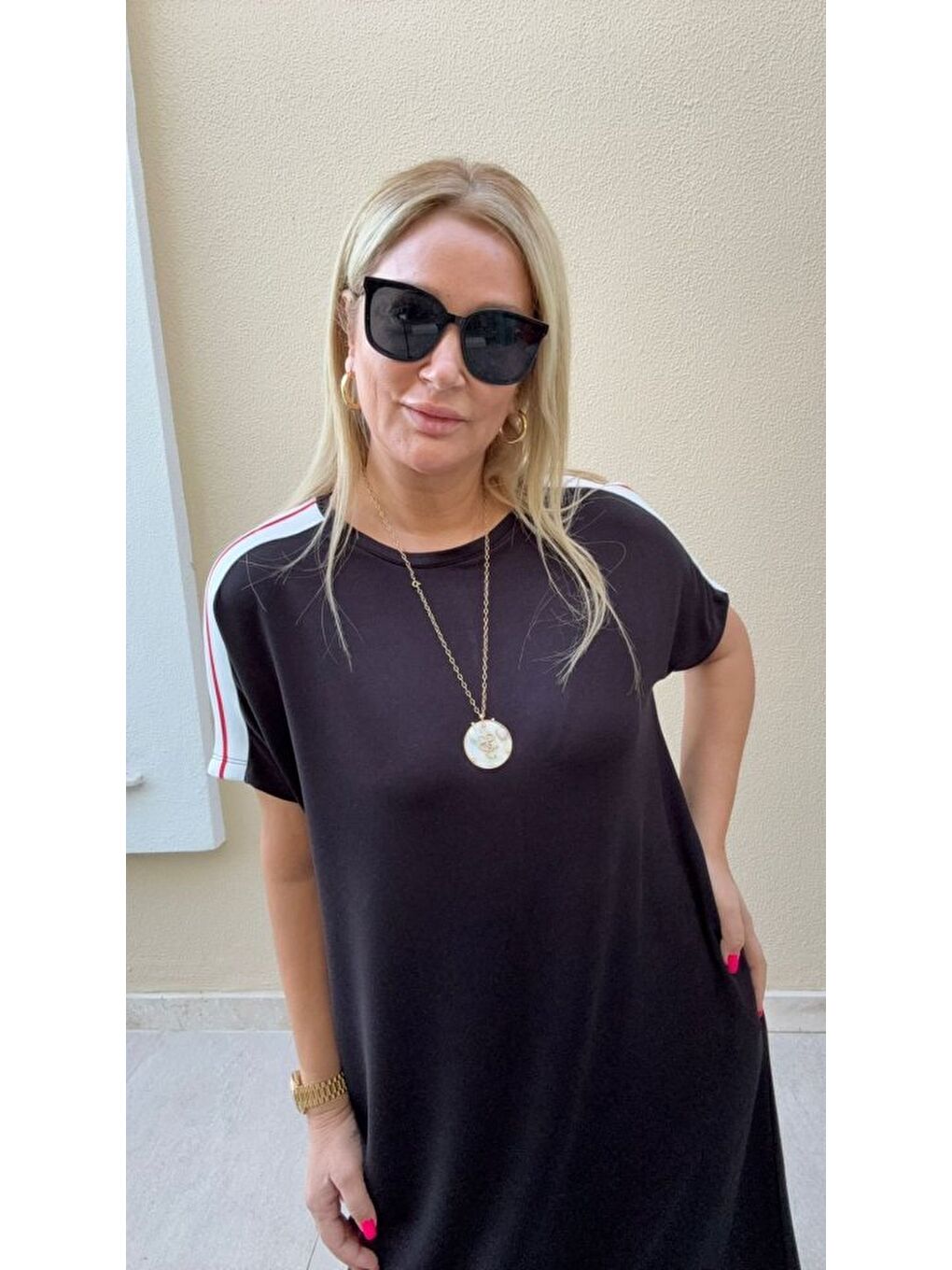 Siyah Kadın Kısa Kollu şerit Detay Midi Boy Elbise-1