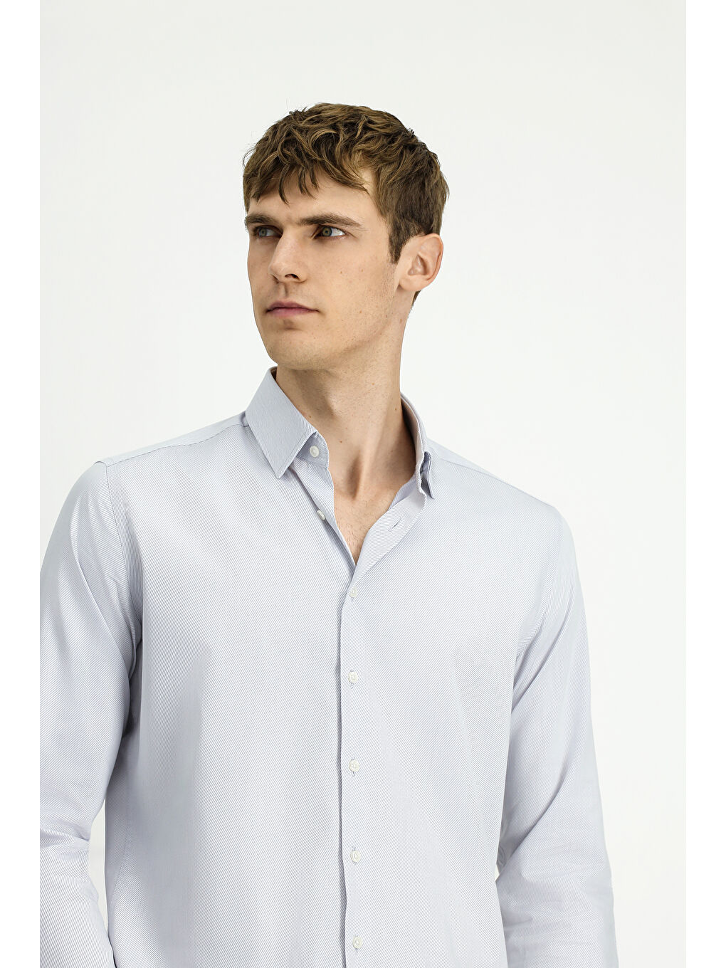Gri Uzun Kol Slim Fit Dar Kesim Klasik Desenli Pamuk Gömlek-3