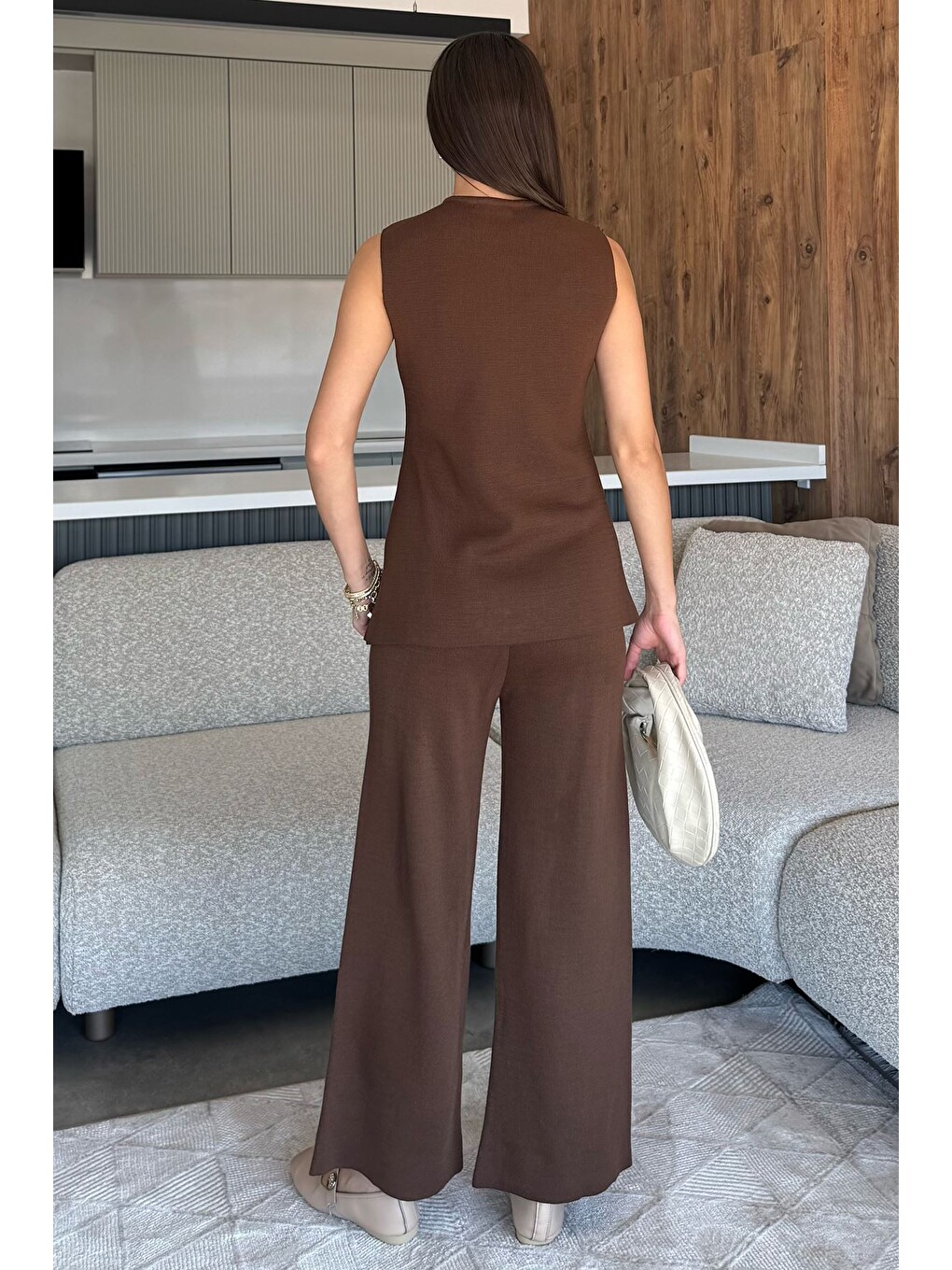 Kahverengi Kadın Taş İşlemeli Triko Pantolon Yelek İkili Takım-3