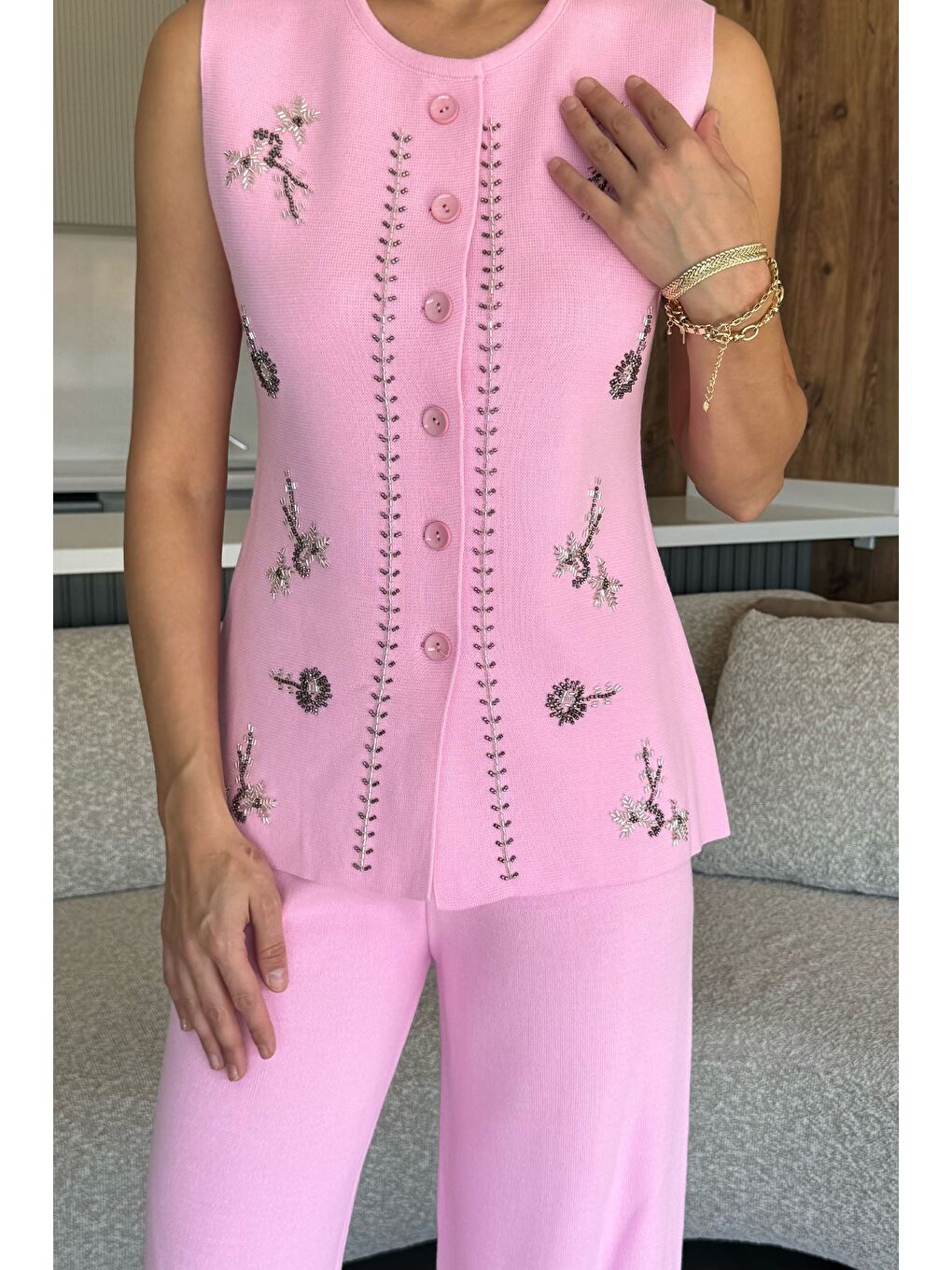 Pembe Kadın Taş İşlemeli Triko Pantolon Yelek İkili Takım-2