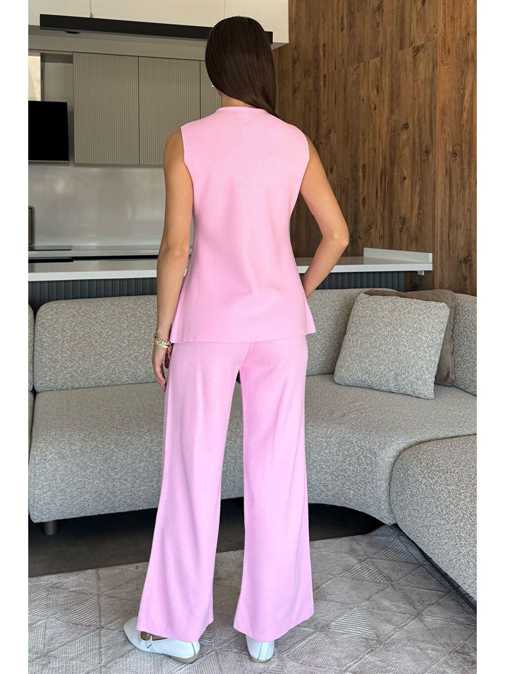 Pembe Kadın Taş İşlemeli Triko Pantolon Yelek İkili Takım-3