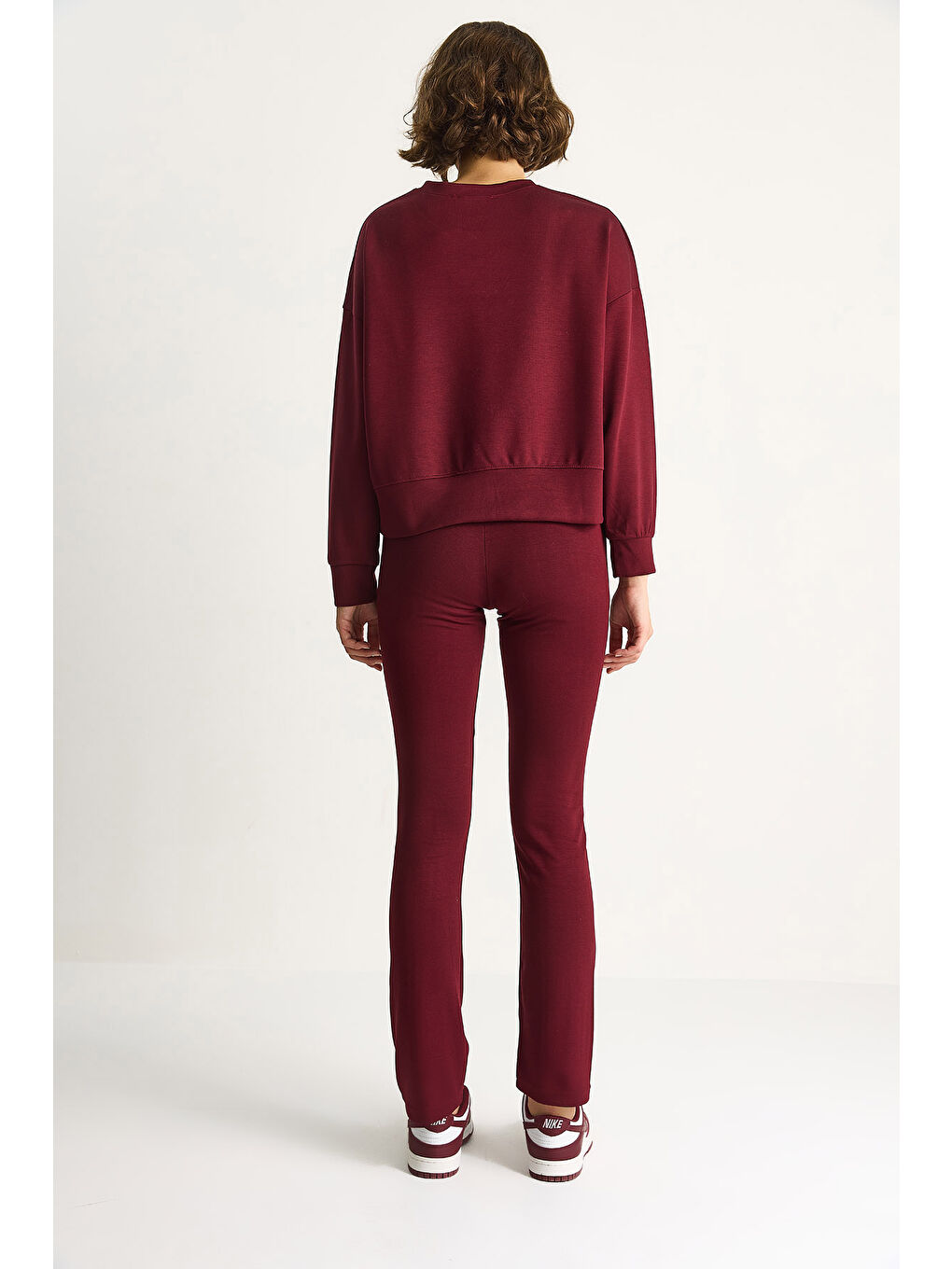 Bordo Kadın Yumuşak Dokulu Bisiklet Yaka Oversize Sweat Pantolon Viskon Dalgıç Takım-7