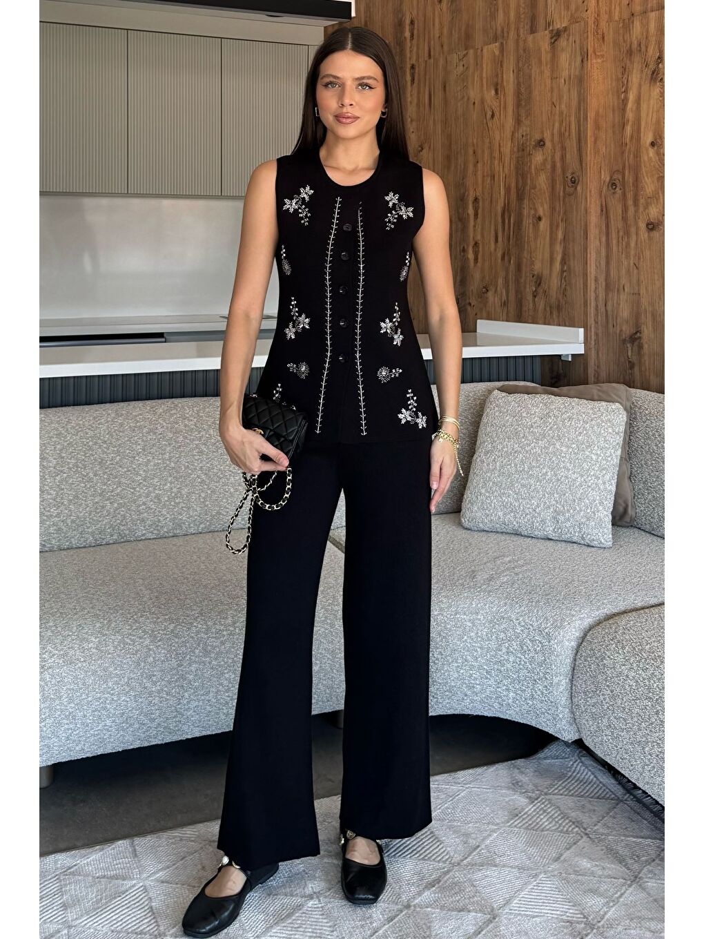 Siyah Kadın Taş İşlemeli Triko Pantolon Yelek İkili Takım