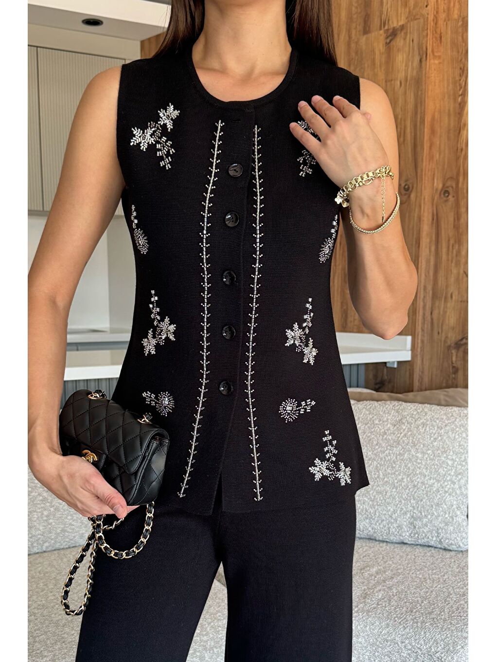 Siyah Kadın Taş İşlemeli Triko Pantolon Yelek İkili Takım-2