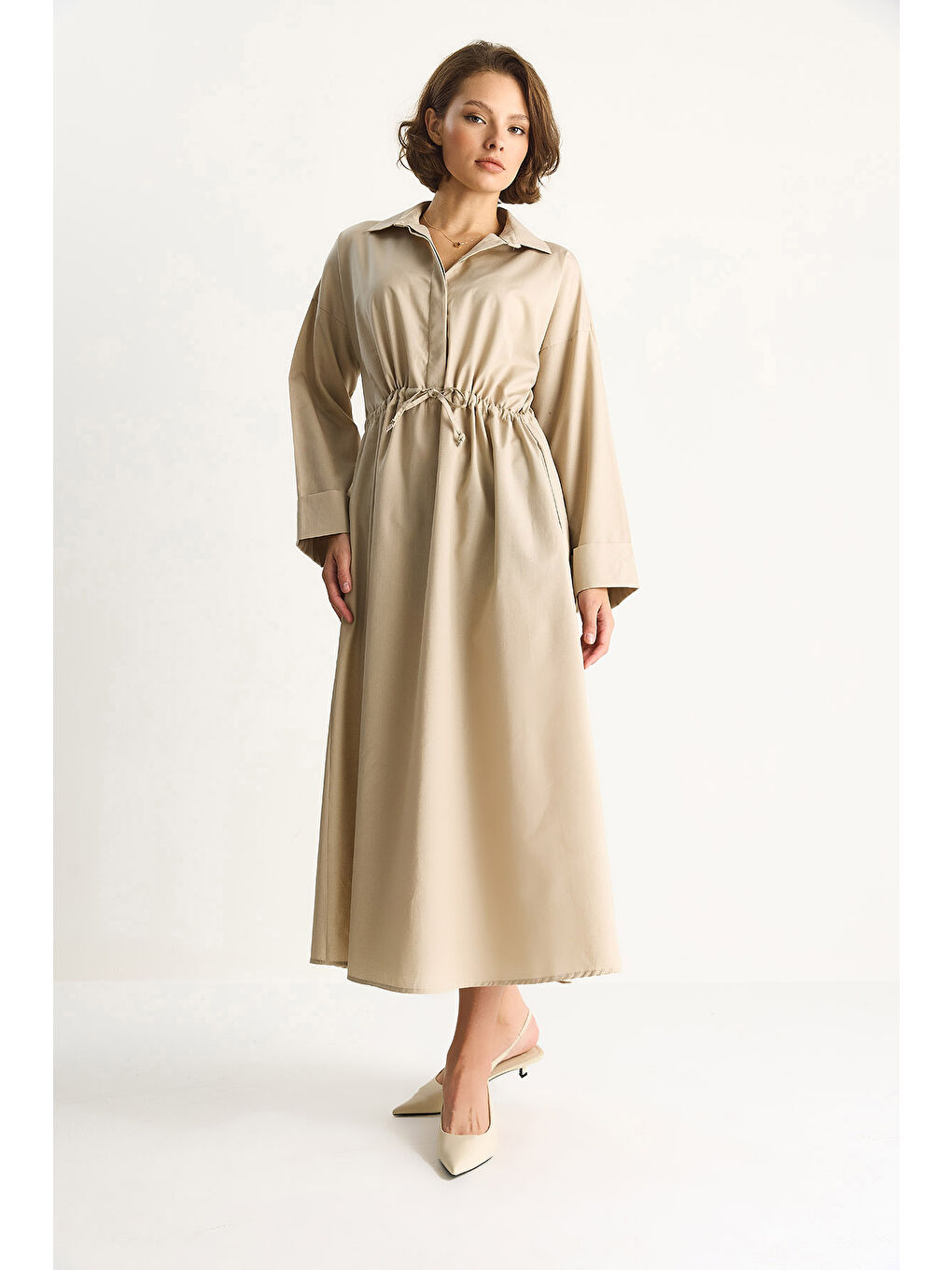 Bej Kadın Gömlek Yaka Uzun Kollu Bel Bağlamalı Cep Detaylı Poplin Elbise-1