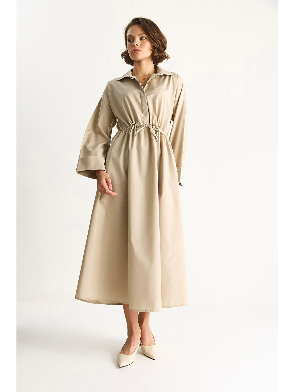 Bej Kadın Gömlek Yaka Uzun Kollu Bel Bağlamalı Cep Detaylı Poplin Elbise-2