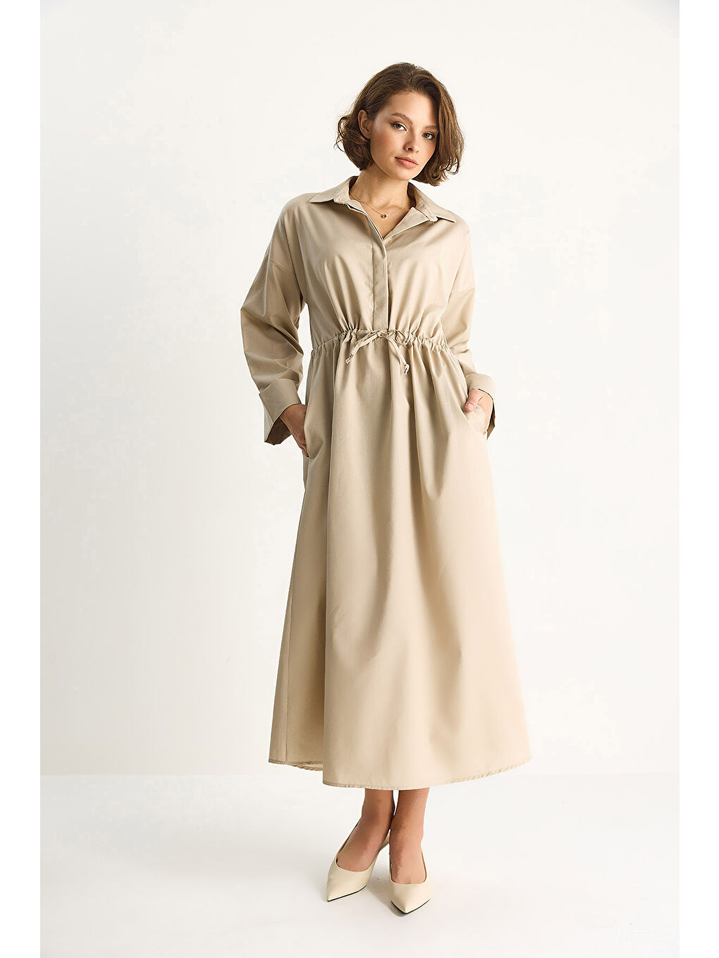 Bej Kadın Gömlek Yaka Uzun Kollu Bel Bağlamalı Cep Detaylı Poplin Elbise-3