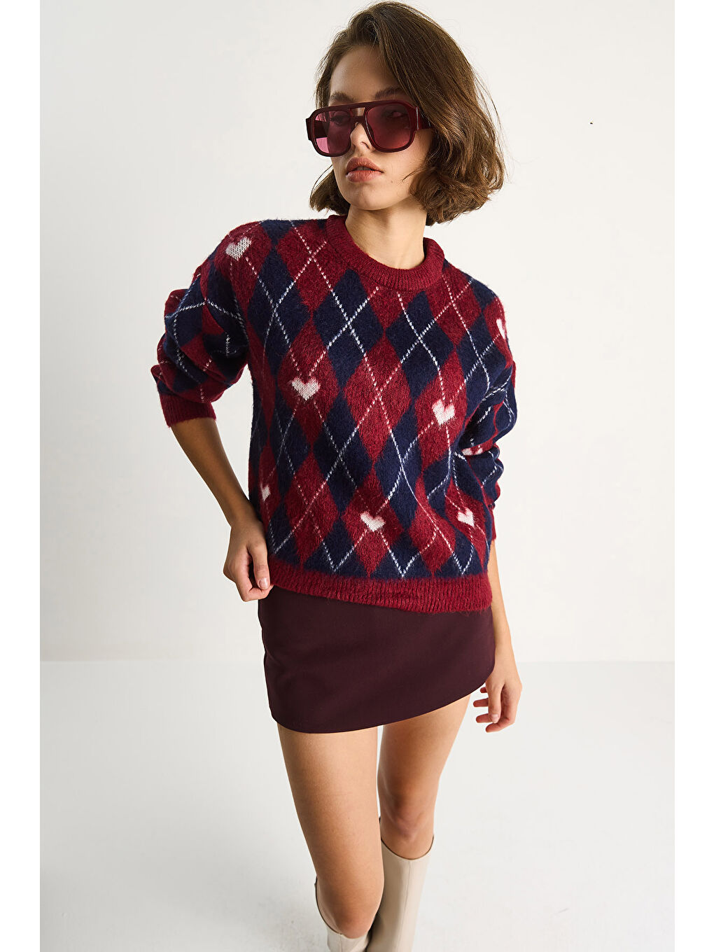 Bordo Kadın Baklava Desenli Kalpli Jakarlı Triko Kazak