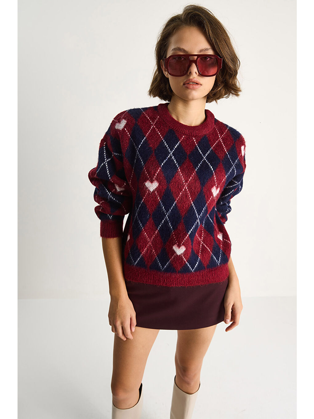 Bordo Kadın Baklava Desenli Kalpli Jakarlı Triko Kazak-2