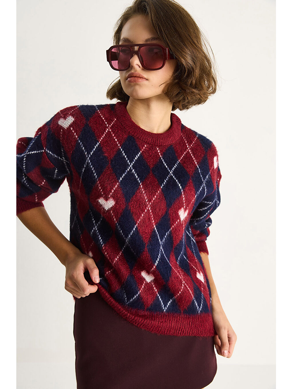 Bordo Kadın Baklava Desenli Kalpli Jakarlı Triko Kazak-3