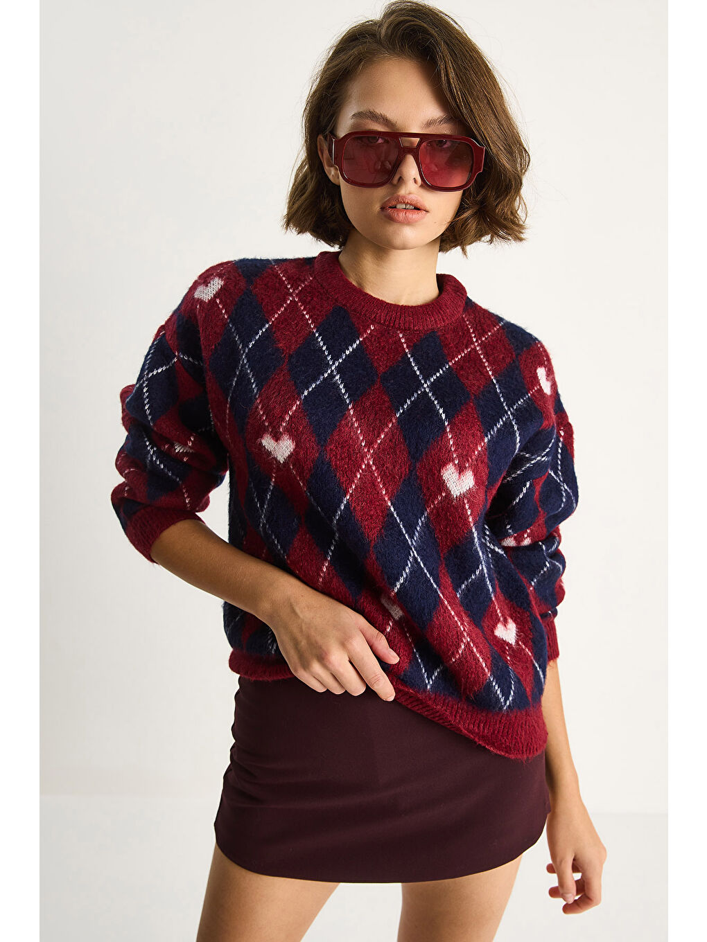 Bordo Kadın Baklava Desenli Kalpli Jakarlı Triko Kazak-4