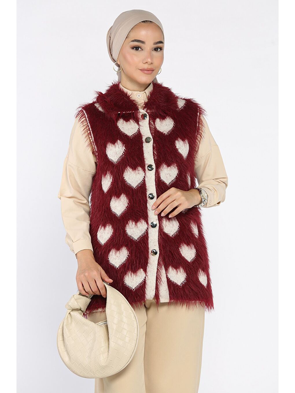 Bordo Kadın Kalpli Sakallı Triko Yelek (s-m-l Uyumludur)-3