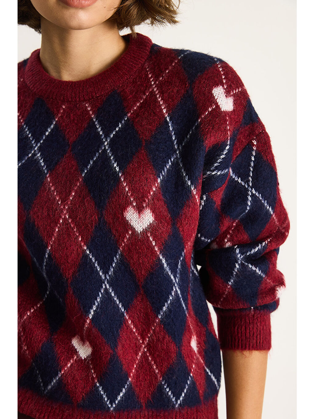 Bordo Kadın Baklava Desenli Kalpli Jakarlı Triko Kazak-5