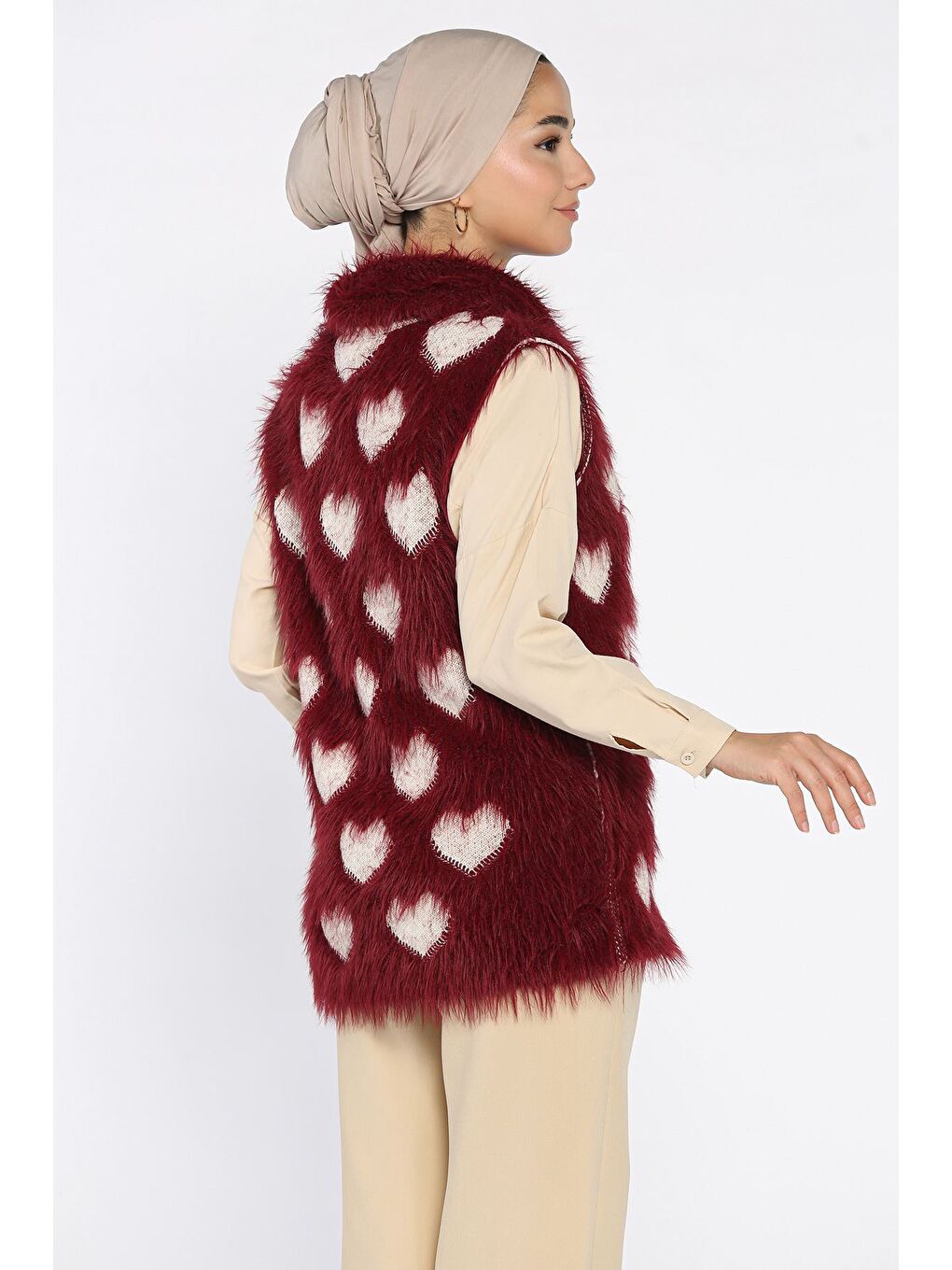 Bordo Kadın Kalpli Sakallı Triko Yelek (s-m-l Uyumludur)-4