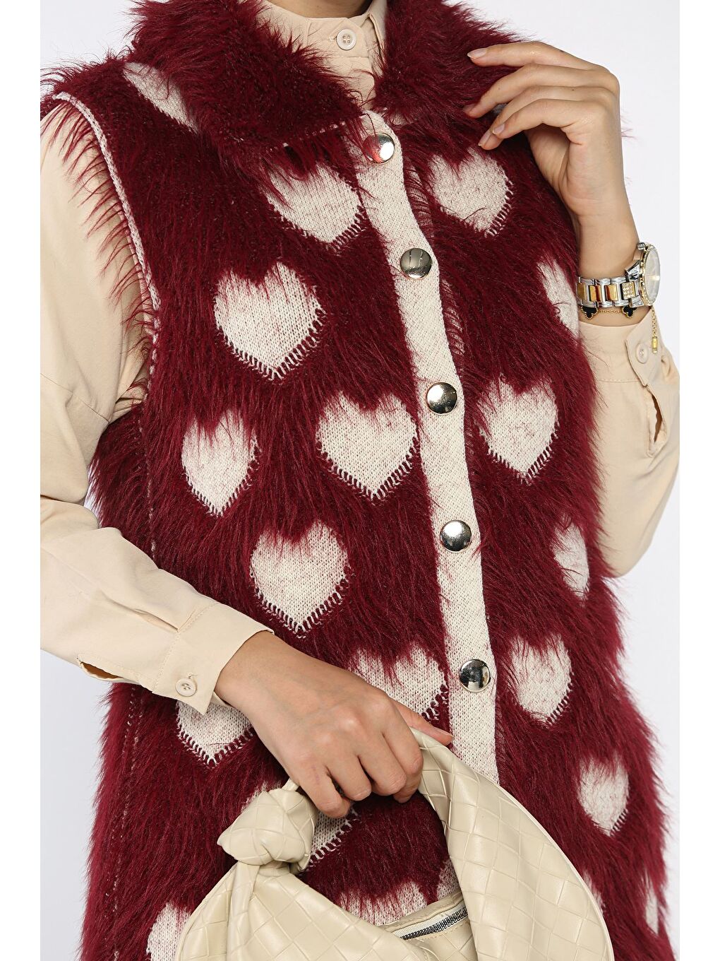 Bordo Kadın Kalpli Sakallı Triko Yelek (s-m-l Uyumludur)-6