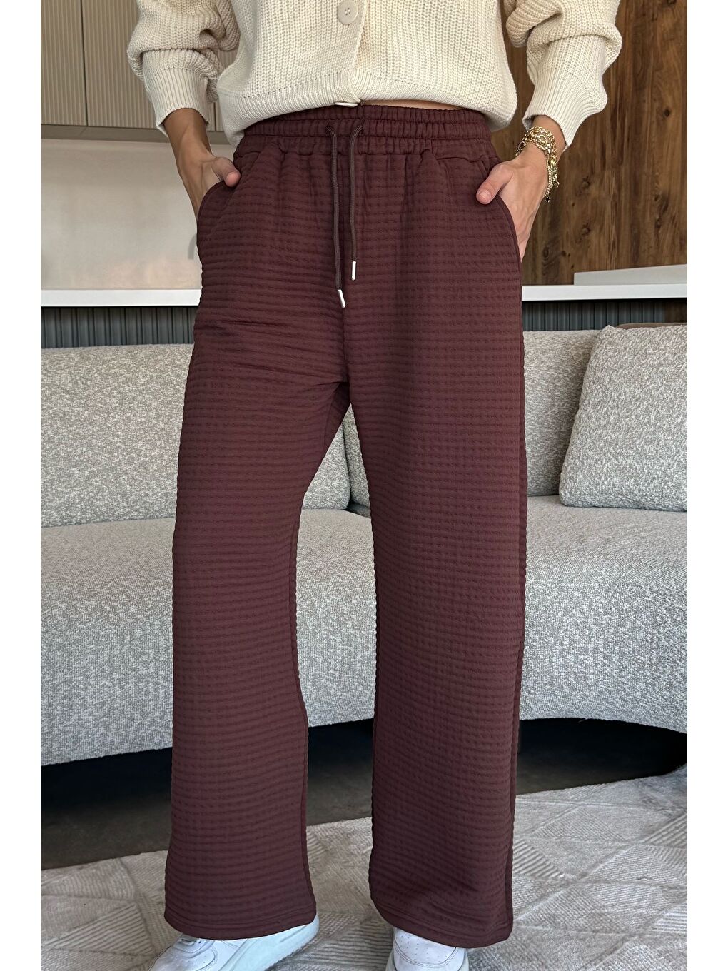 Kahverengi Desenli Bel Lastikli Kadın Palazzo Pantolon-1