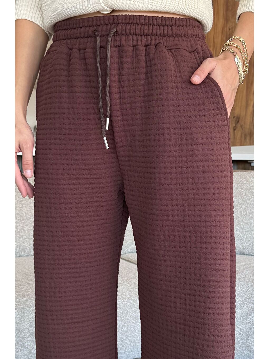 Kahverengi Desenli Bel Lastikli Kadın Palazzo Pantolon-2